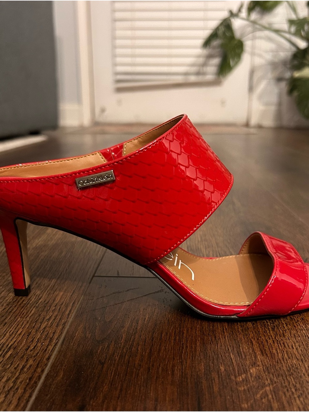 Calvin Klein Red Patent Open-Toe Heel Mule